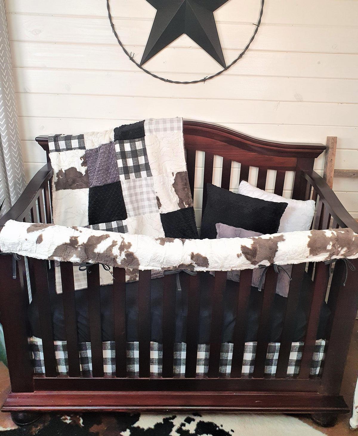 Boy Crib Bedding - Farmhouse Black Check and Brownie Calf Minky Ranch Collection - DBC Baby Bedding Co