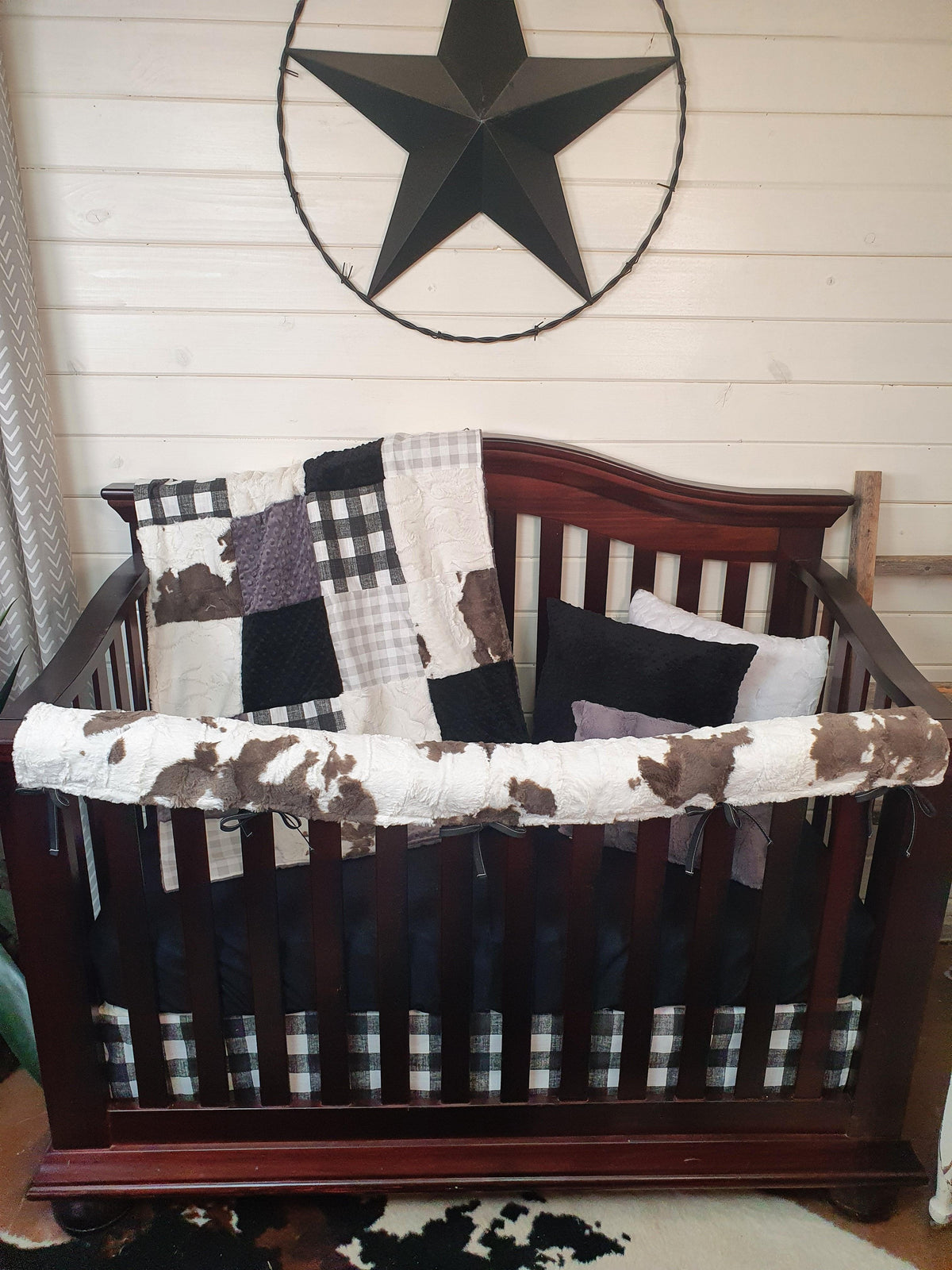 Boy Crib Bedding - Farmhouse Black Check and Brownie Calf Minky Ranch Collection - DBC Baby Bedding Co 
