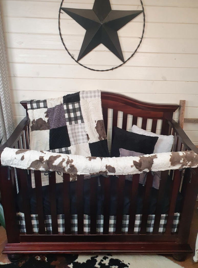 2 Day Ship Boy Crib Bedding - Black Buffalo Check Farmhouse and Calf Minky Baby Bedding - DBC Baby Bedding Co 