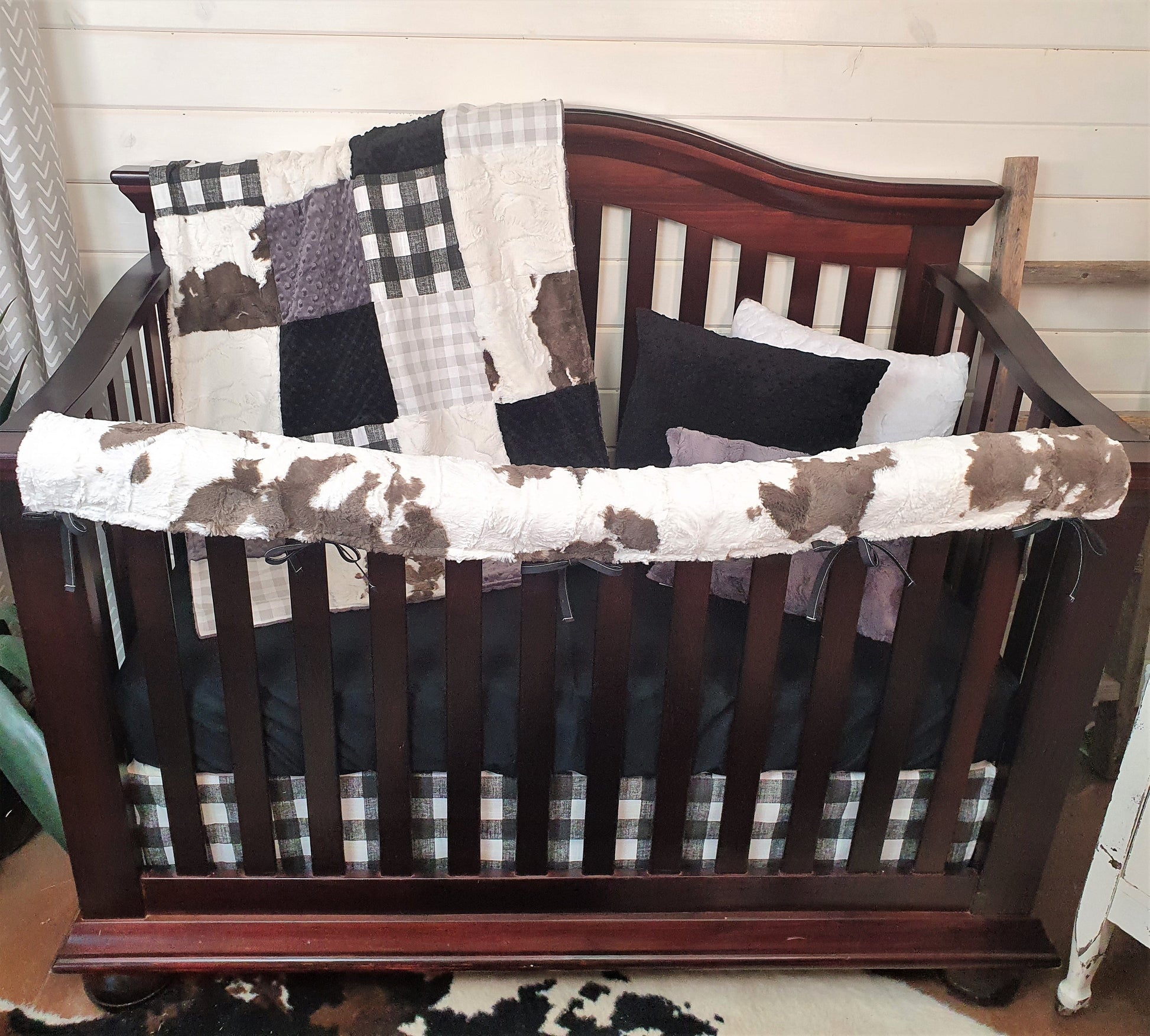 Boy Crib Bedding - Farmhouse Black Check and Brownie Calf Minky Ranch Collection - DBC Baby Bedding Co