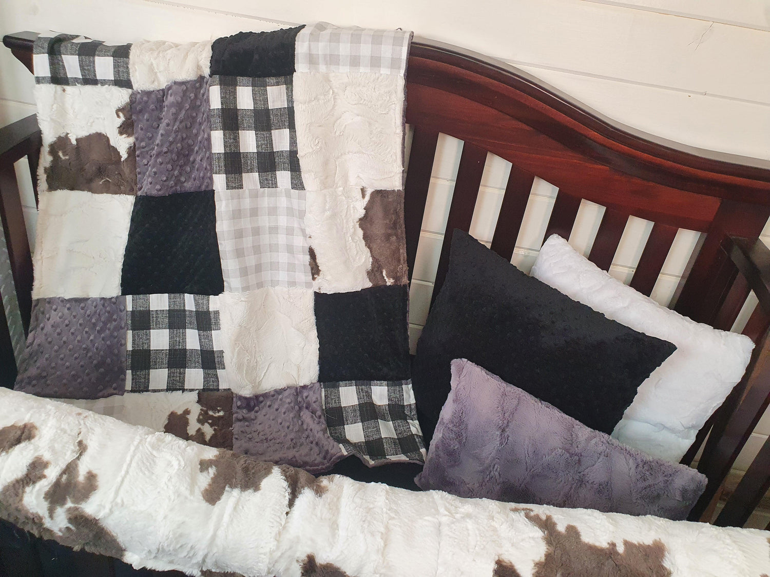 Boy Crib Bedding - Farmhouse Black Check and Brownie Calf Minky Ranch Collection - DBC Baby Bedding Co 