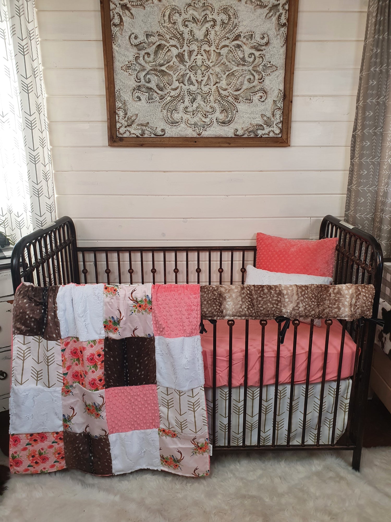 Custom Girl Crib Bedding - Floral Antler and Deer Skin Minky Woodland Collection - DBC Baby Bedding Co 