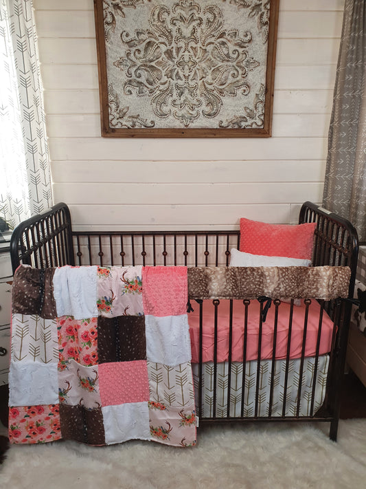 Custom Girl Crib Bedding - Floral Antler and Deer Skin Minky Woodland Collection - DBC Baby Bedding Co 