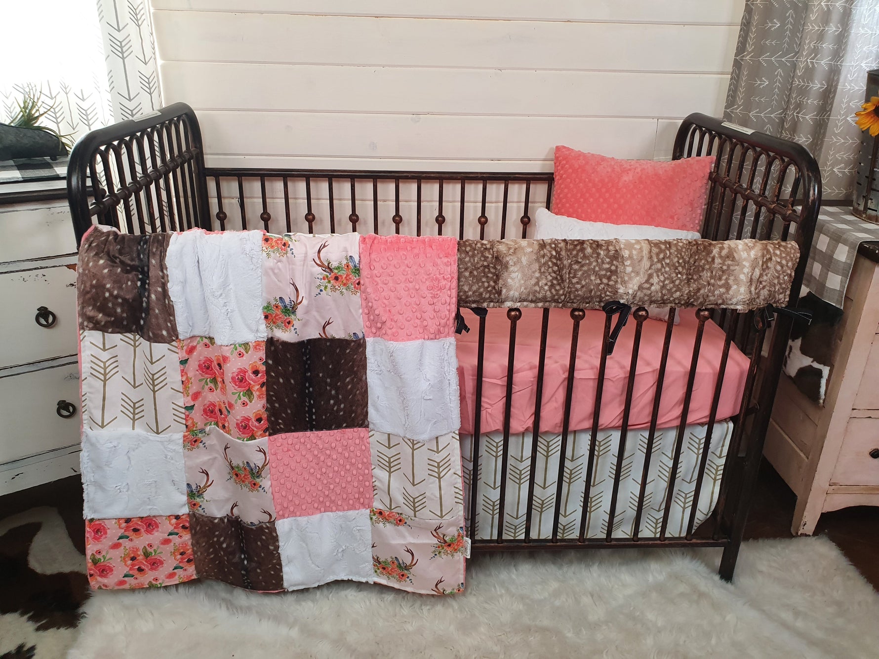 Custom Girl Crib Bedding - Floral Antler and Deer Skin Minky Woodland Collection - DBC Baby Bedding Co 