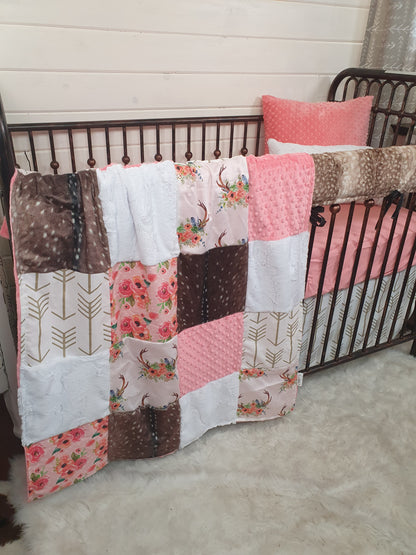 Custom Girl Crib Bedding - Floral Antler and Deer Skin Minky Woodland Collection - DBC Baby Bedding Co 