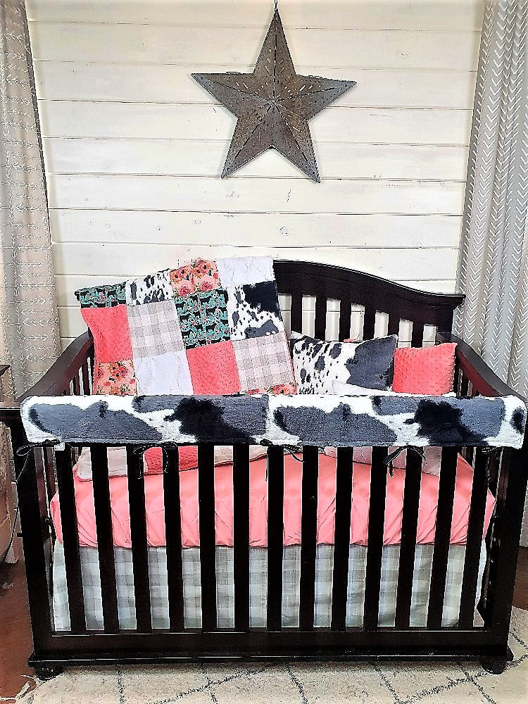 Custom Girl Crib Bedding - Floral Steer and Storm Cow Minky Western Baby Bedding Collection - DBC Baby Bedding Co 