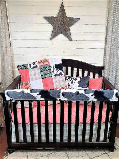 Custom Girl Crib Bedding - Floral Steer and Storm Cow Minky Western Baby Bedding Collection - DBC Baby Bedding Co 