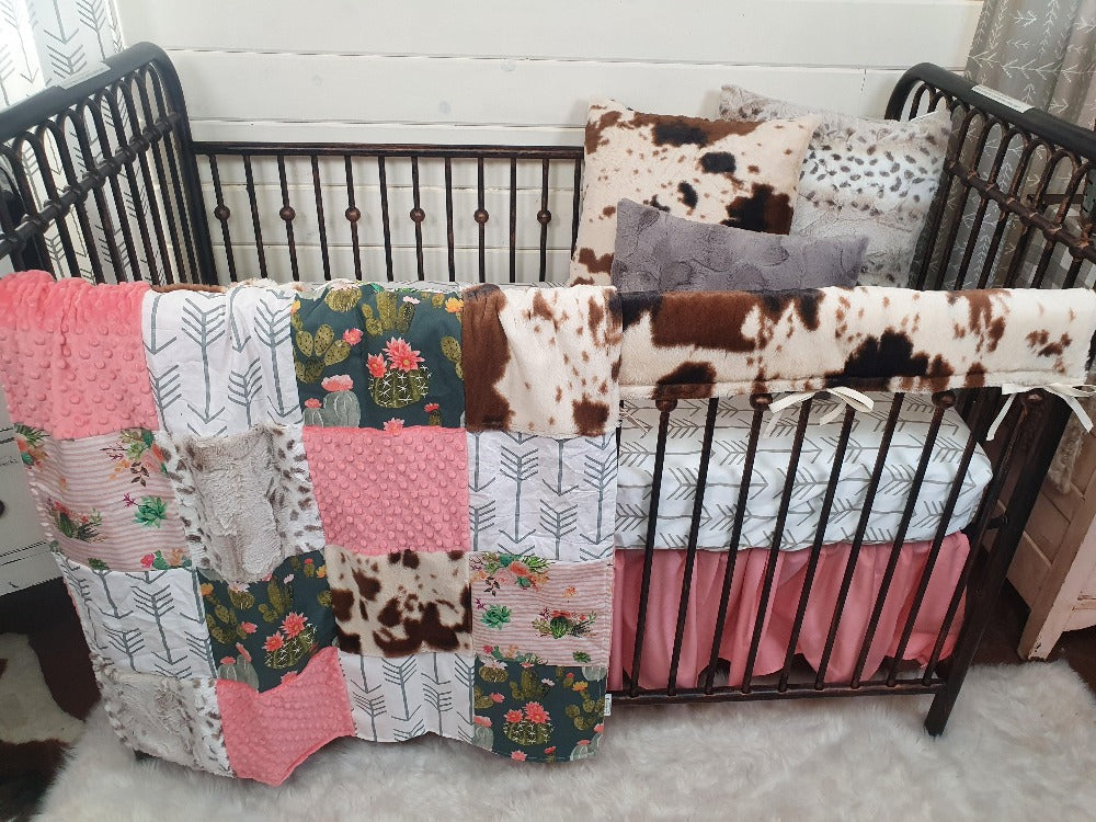 Custom Girl Crib Bedding - Cactus and Cow Minky Western Crib Bedding Collection - DBC Baby Bedding Co 