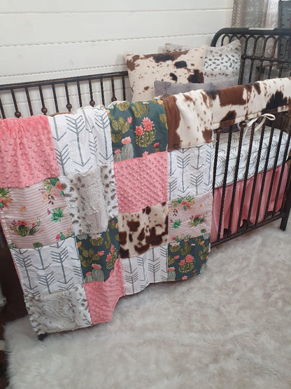 Custom Girl Crib Bedding - Cactus and Cow Minky Western Crib Bedding Collection - DBC Baby Bedding Co 
