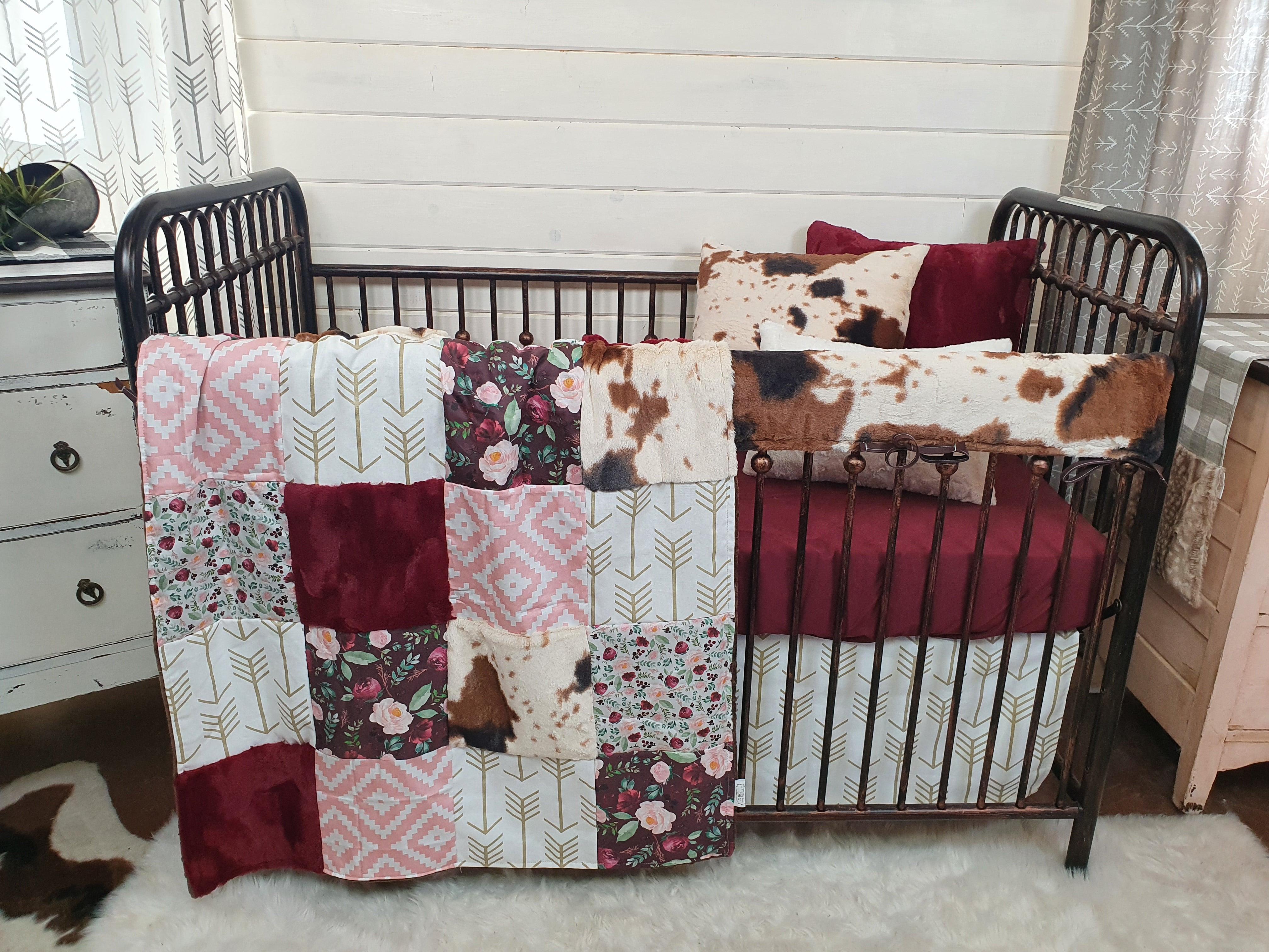 Custom Girl Crib Bedding Wine Floral and Cow Minky Baby Bedding Coll DBC Baby Bedding Co