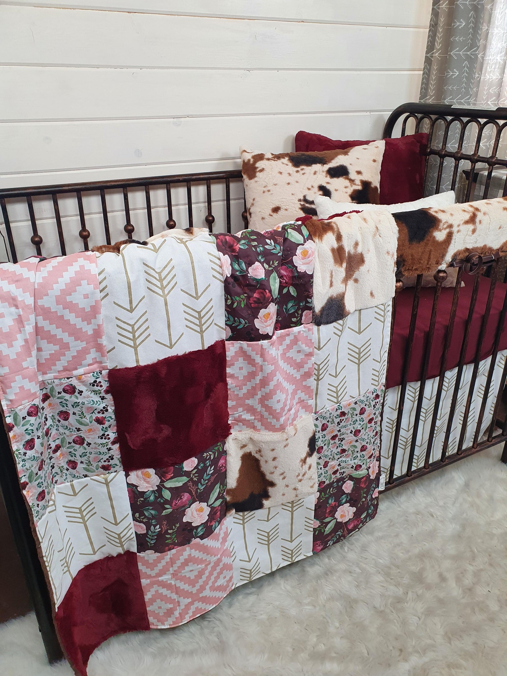 Custom Girl Crib Bedding - Wine Floral and Cow Minky Nursery Collection - DBC Baby Bedding Co 