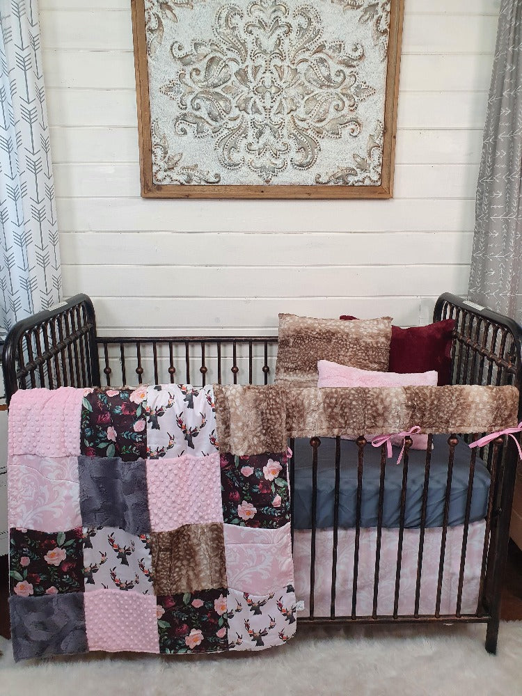 Custom Girl Crib Bedding - Floral Antler Woodland Collection - DBC Baby Bedding Co 