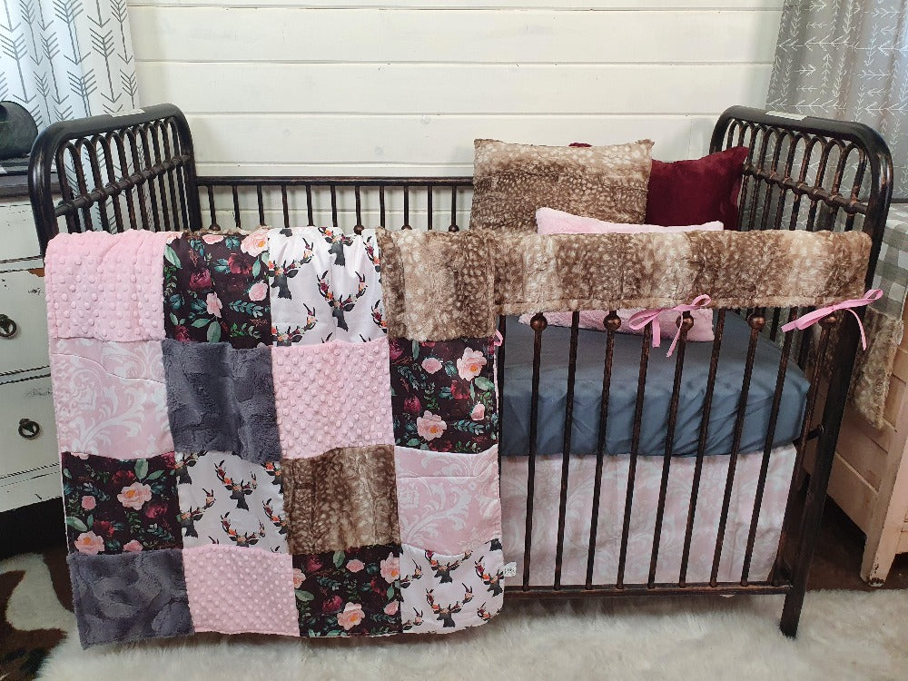 Custom Girl Crib Bedding - Floral Antler Woodland Collection - DBC Baby Bedding Co 