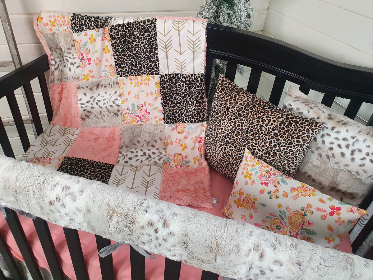2 Day Ship Girl Crib Bedding - Floral and Cheetah Minky Baby Bedding - DBC Baby Bedding Co 