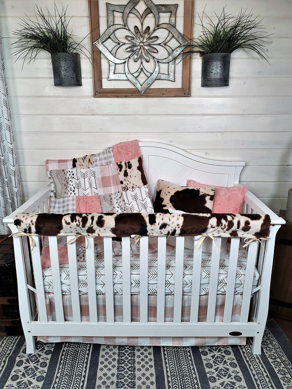 Girl Crib Bedding - Rosegold Check and Cow Minky Nursery Collection - DBC Baby Bedding Co 