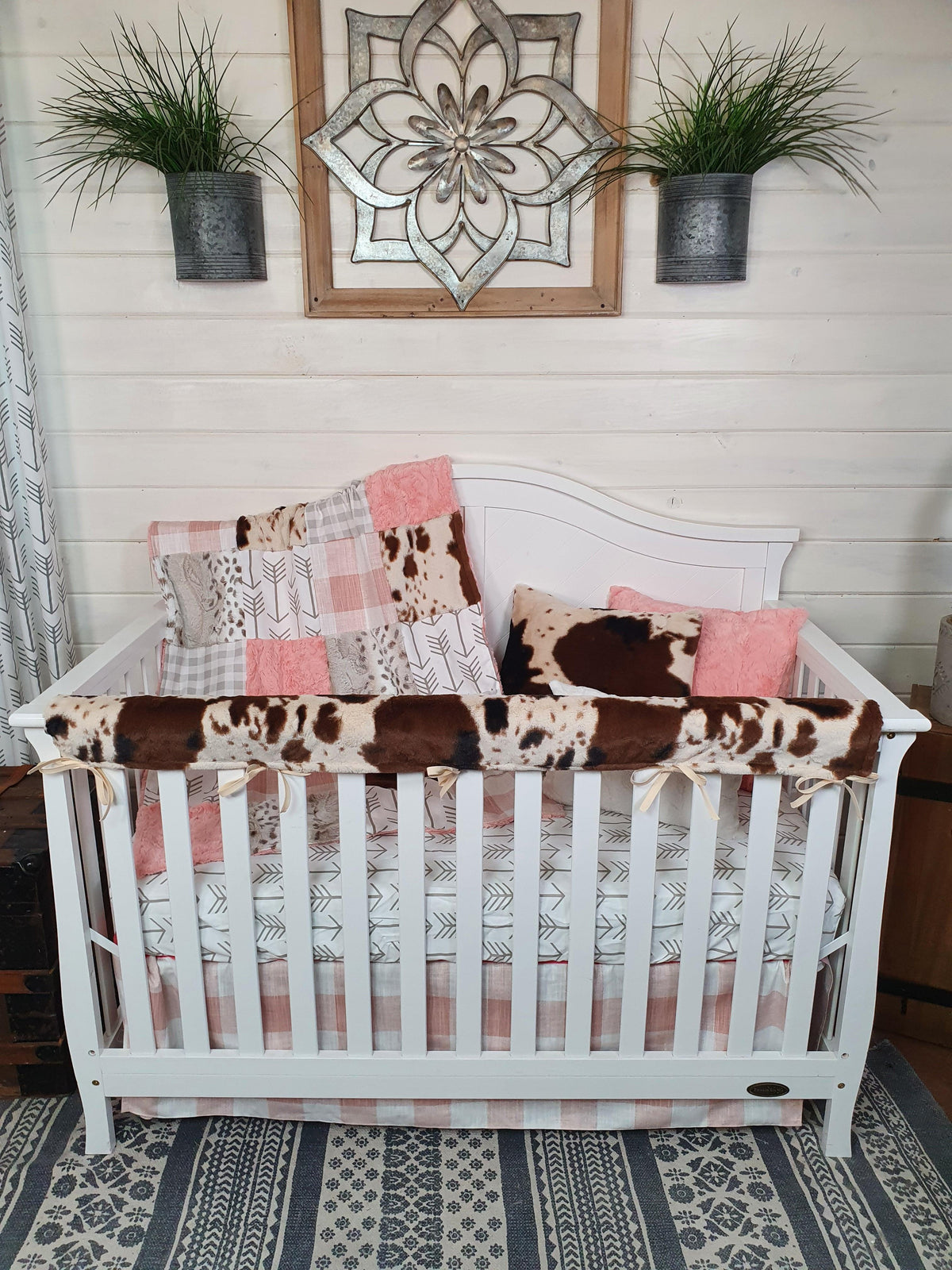 New Release Girl Crib Bedding - Rosegold Check and Cow Minky Nursery Collection - DBC Baby Bedding Co 