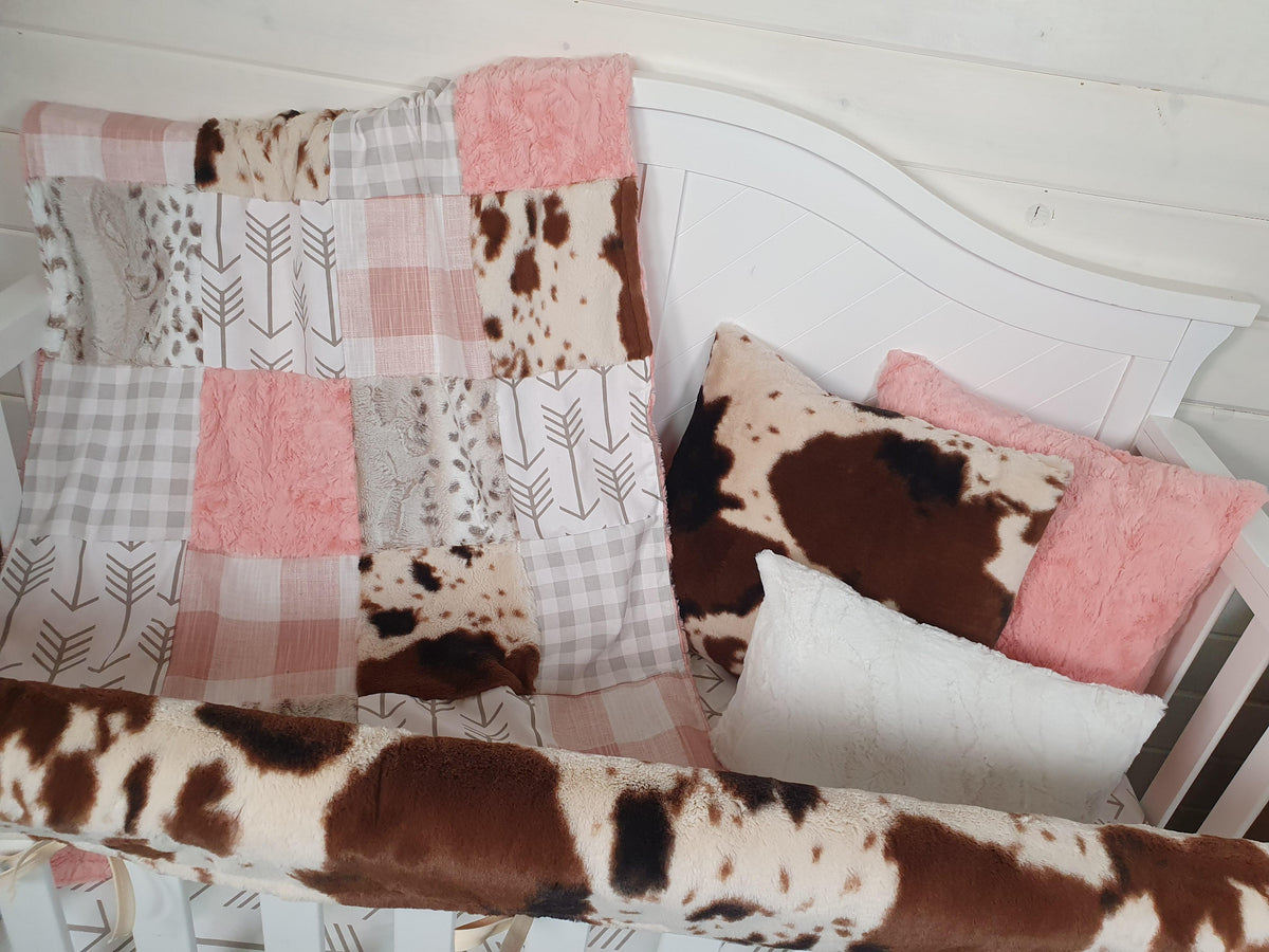New Release Girl Crib Bedding - Rosegold Check and Cow Minky Nursery Collection - DBC Baby Bedding Co 