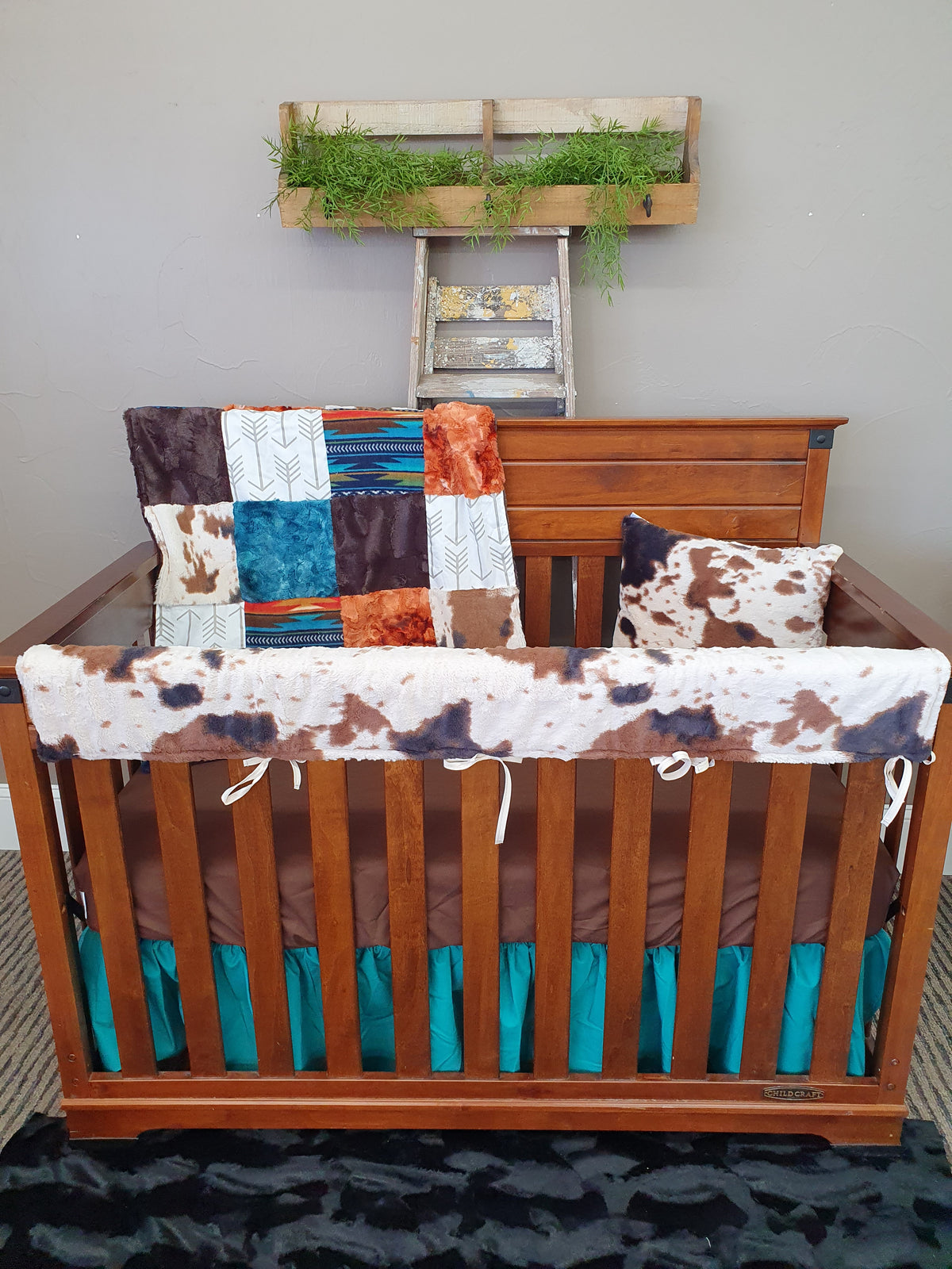 New Release Girl Crib Bedding- Teal Sunset Aztec and Cow Minky Western Baby Bedding Collection - DBC Baby Bedding Co 