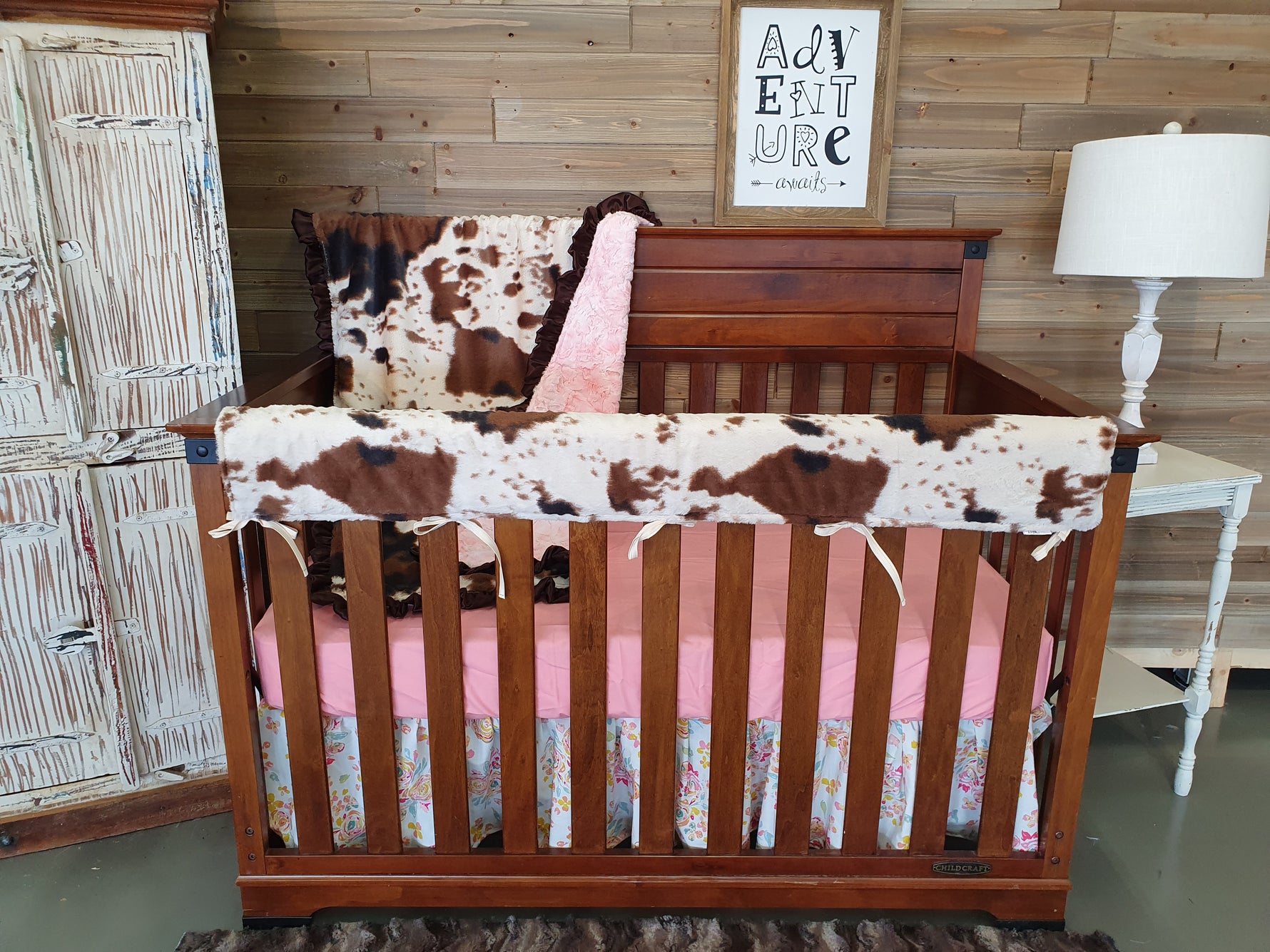 New Release Girl Crib Bedding- Cream Floral and Cow Minky Western Baby Bedding Collection - DBC Baby Bedding Co 