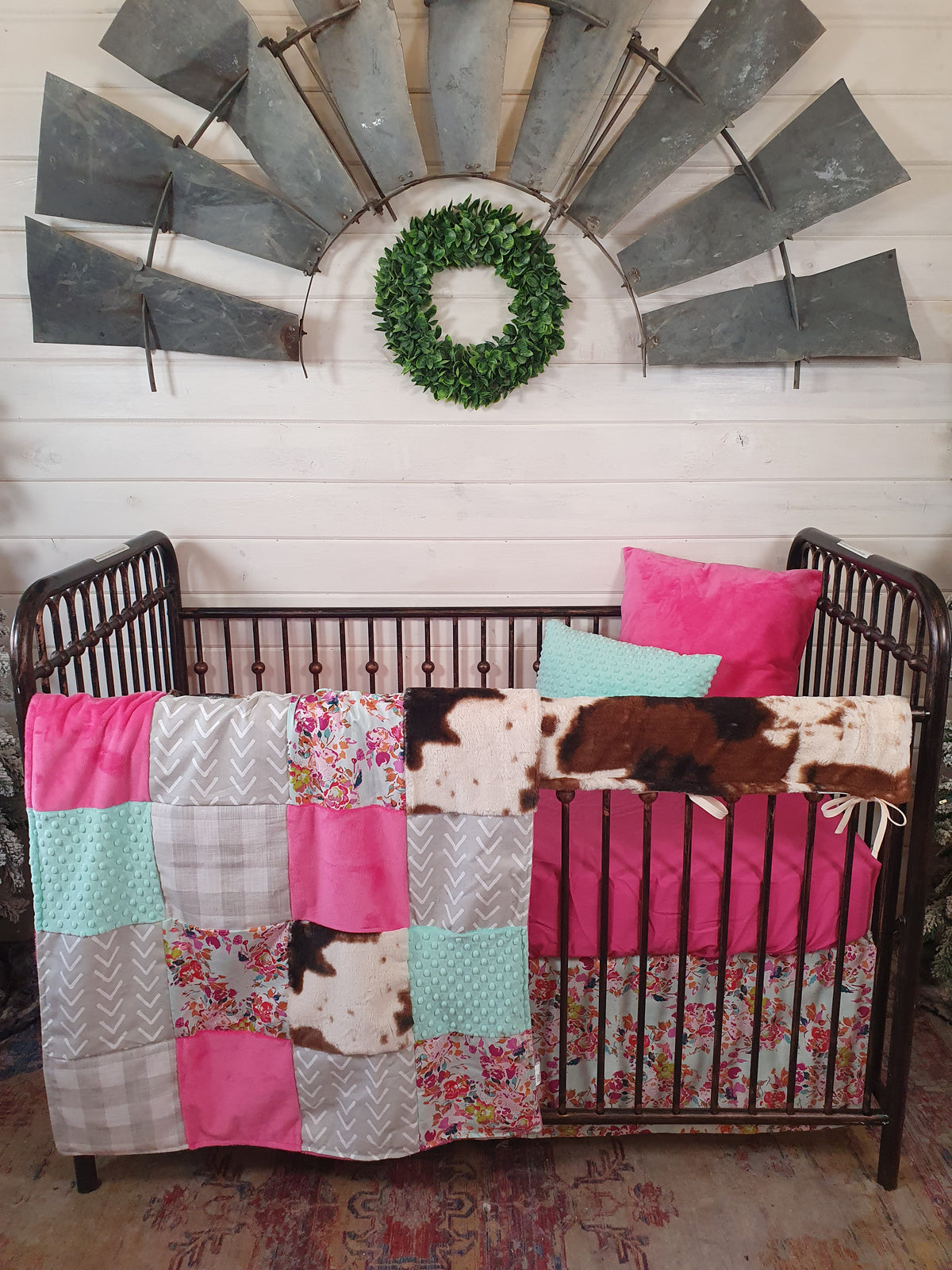 New Release Girl Crib Bedding- Summer Floral and Cow Minky Baby Bedding Collection - DBC Baby Bedding Co 
