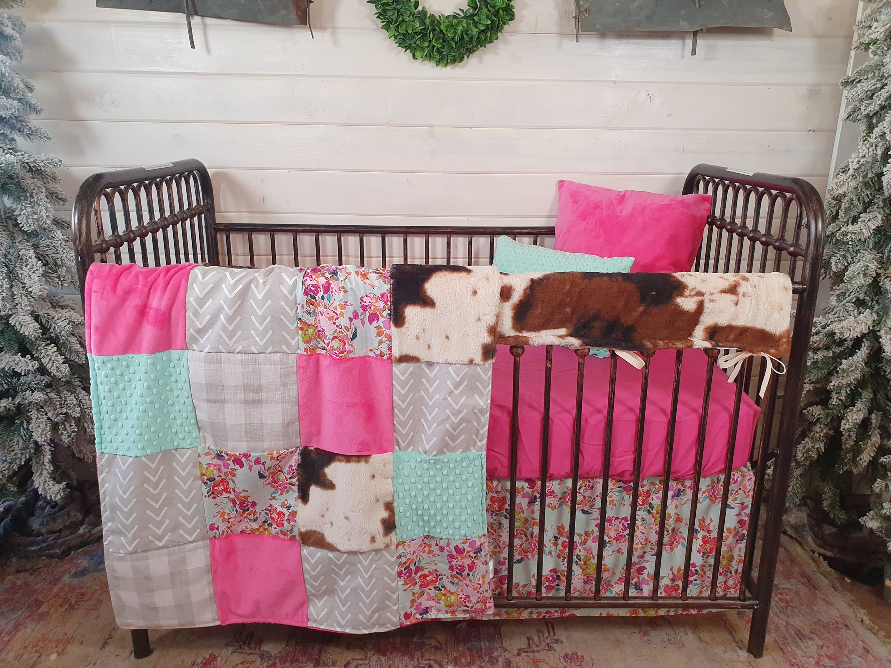 New Release Girl Crib Bedding- Summer Floral and Cow Minky Baby Bedding Collection - DBC Baby Bedding Co 