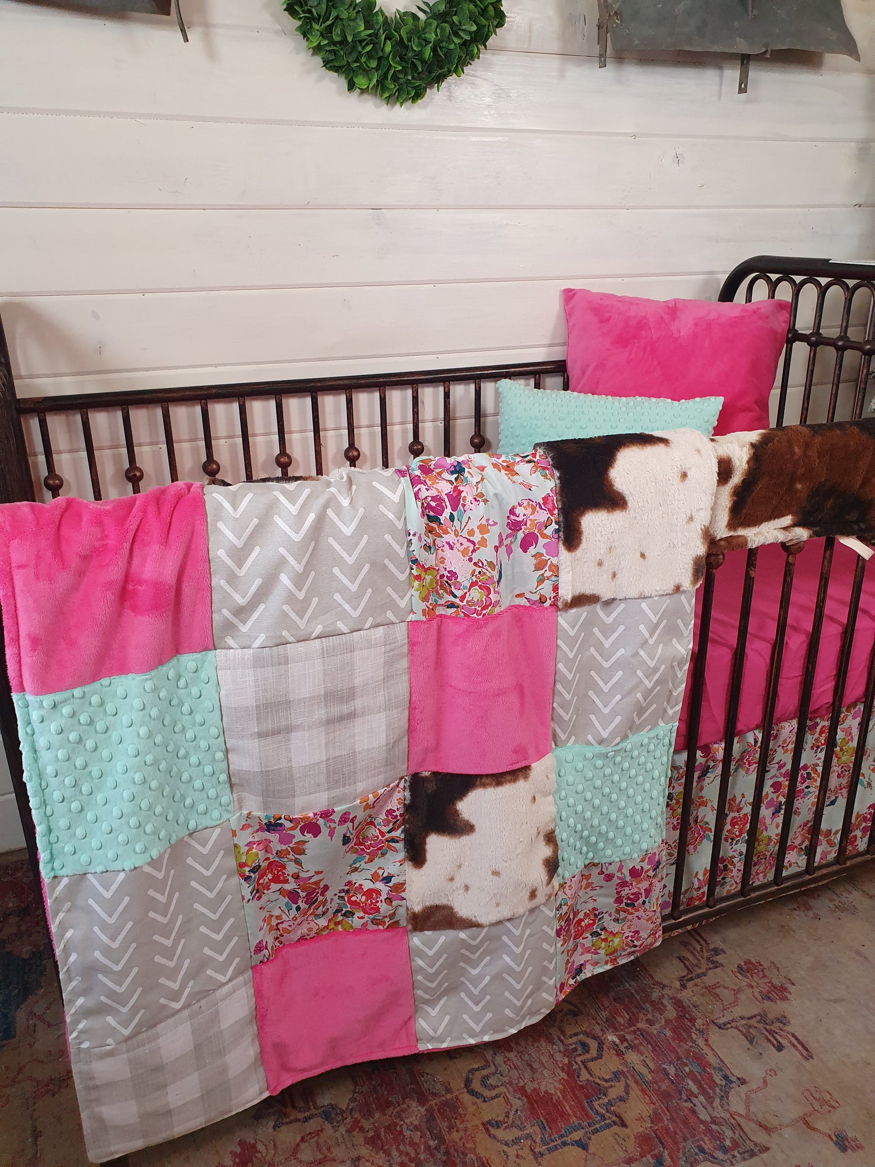 New Release Girl Crib Bedding- Summer Floral and Cow Minky Baby Bedding Collection - DBC Baby Bedding Co 