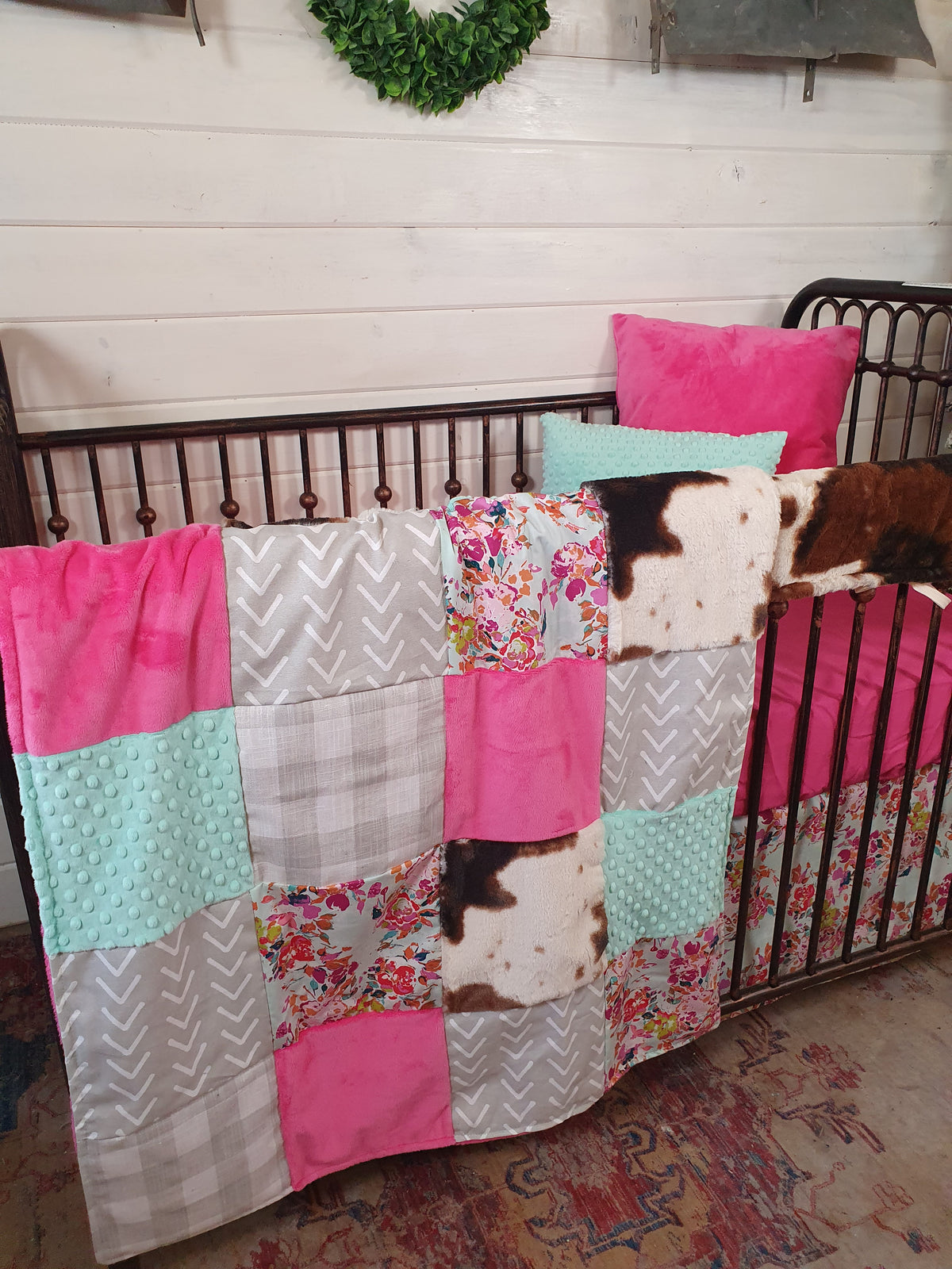 New Release Girl Crib Bedding- Summer Floral and Cow Minky Baby Bedding Collection - DBC Baby Bedding Co 