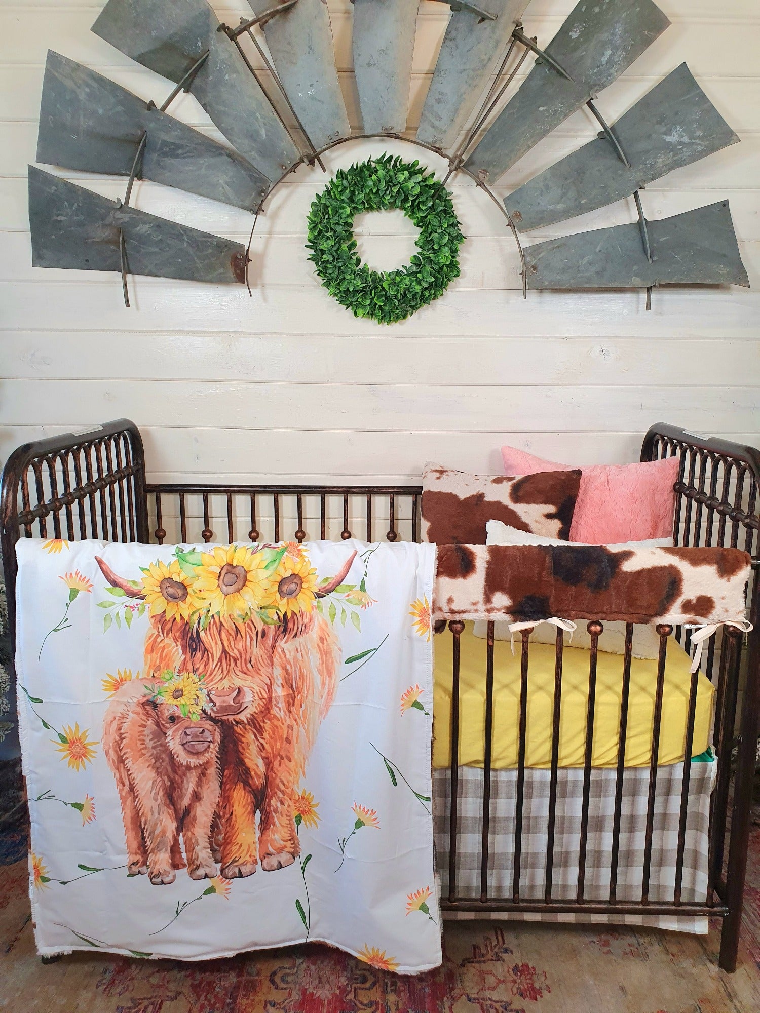 New Release Girl Crib Bedding- Sunflower Floral Highland Cows Baby Bedding & Nursery Collection - DBC Baby Bedding Co 