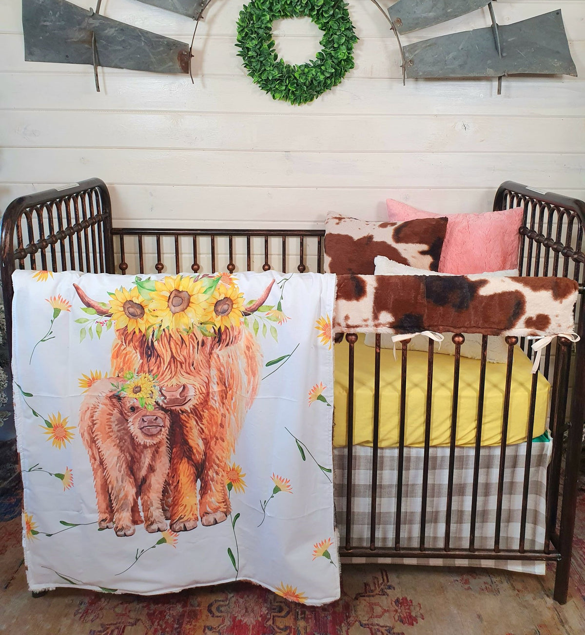 New Release Girl Crib Bedding- Sunflower Floral Highland Cows Baby Bedding &amp; Nursery Collection - DBC Baby Bedding Co
