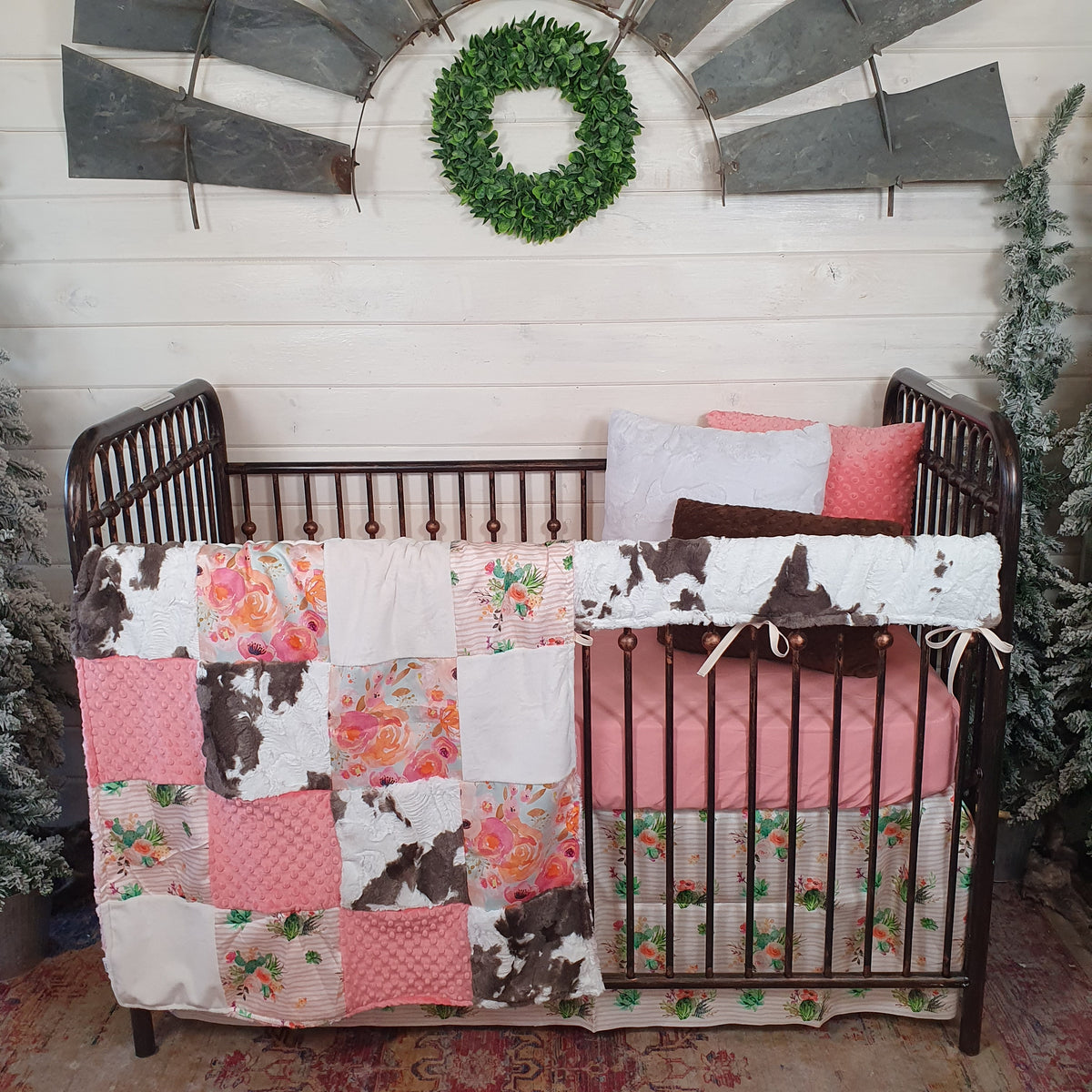 New Release Girl Crib Bedding- Watercolor Floral and Brownie Calf Minky Western Baby Bedding Collection - DBC Baby Bedding Co 