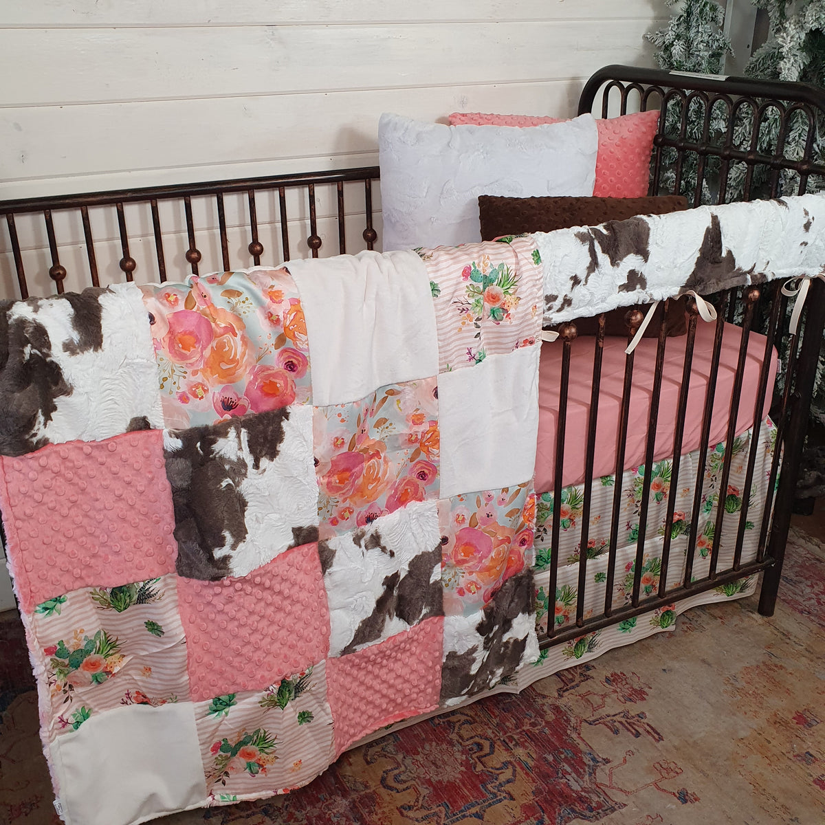 New Release Girl Crib Bedding- Watercolor Floral and Brownie Calf Minky Western Baby Bedding Collection - DBC Baby Bedding Co 