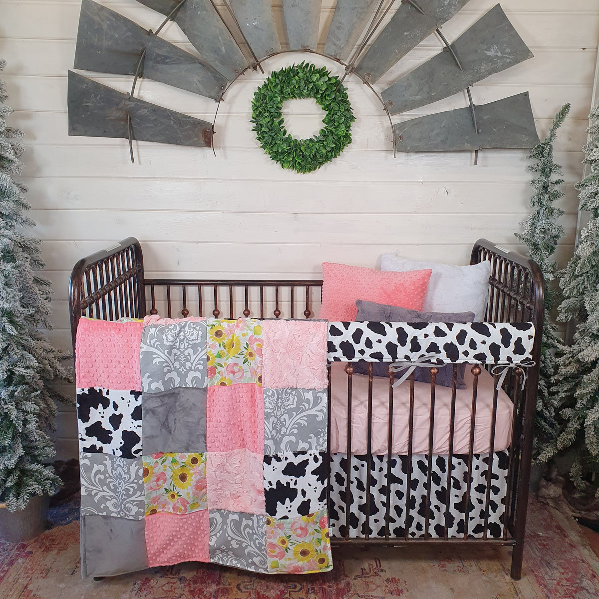 New Release Girl Crib Bedding - Sunflower Rose and Black White Cow Minky Farm Baby Bedding Collection - DBC Baby Bedding Co 