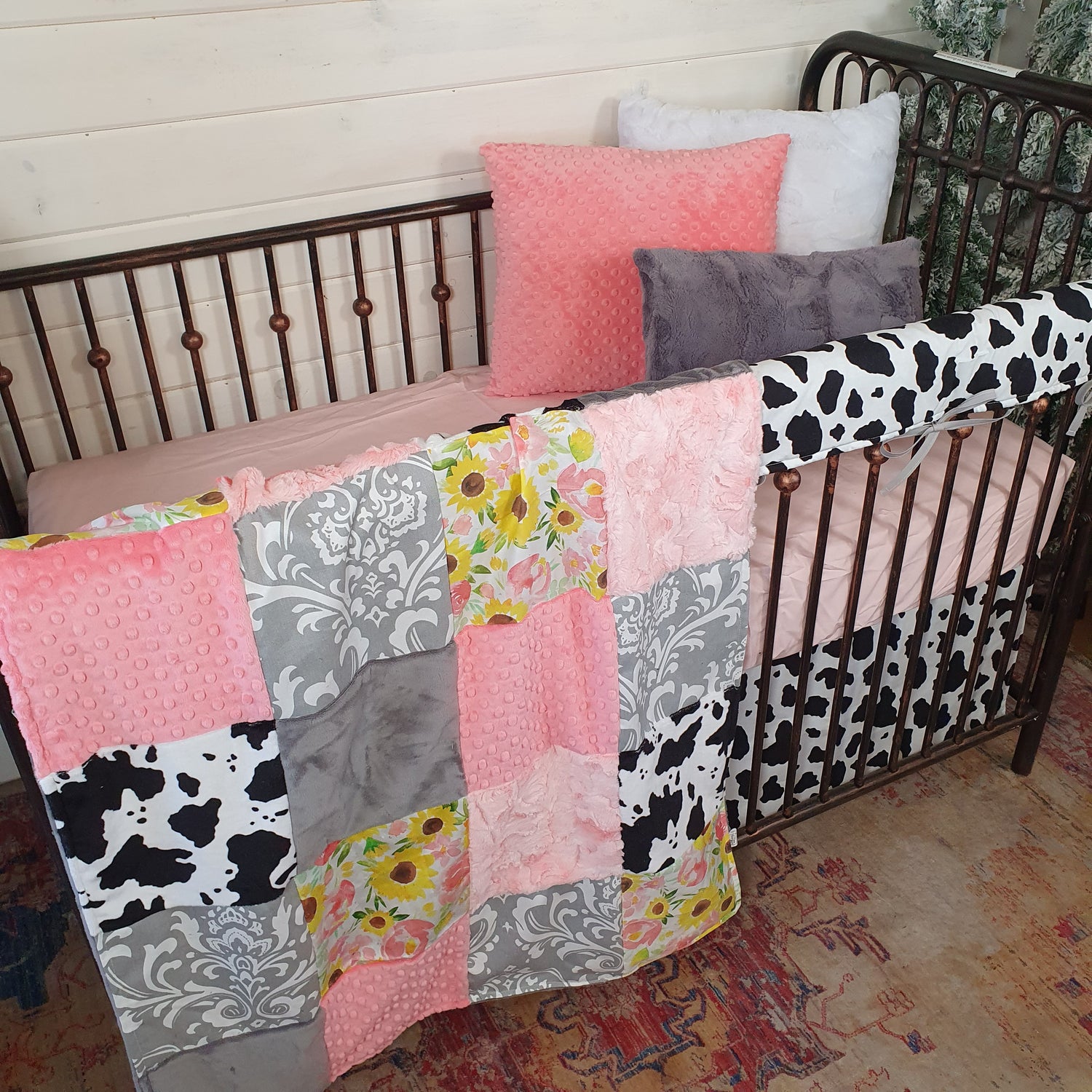 New Release Girl Crib Bedding - Sunflower Rose and Black White Cow Minky Farm Baby Bedding Collection - DBC Baby Bedding Co 