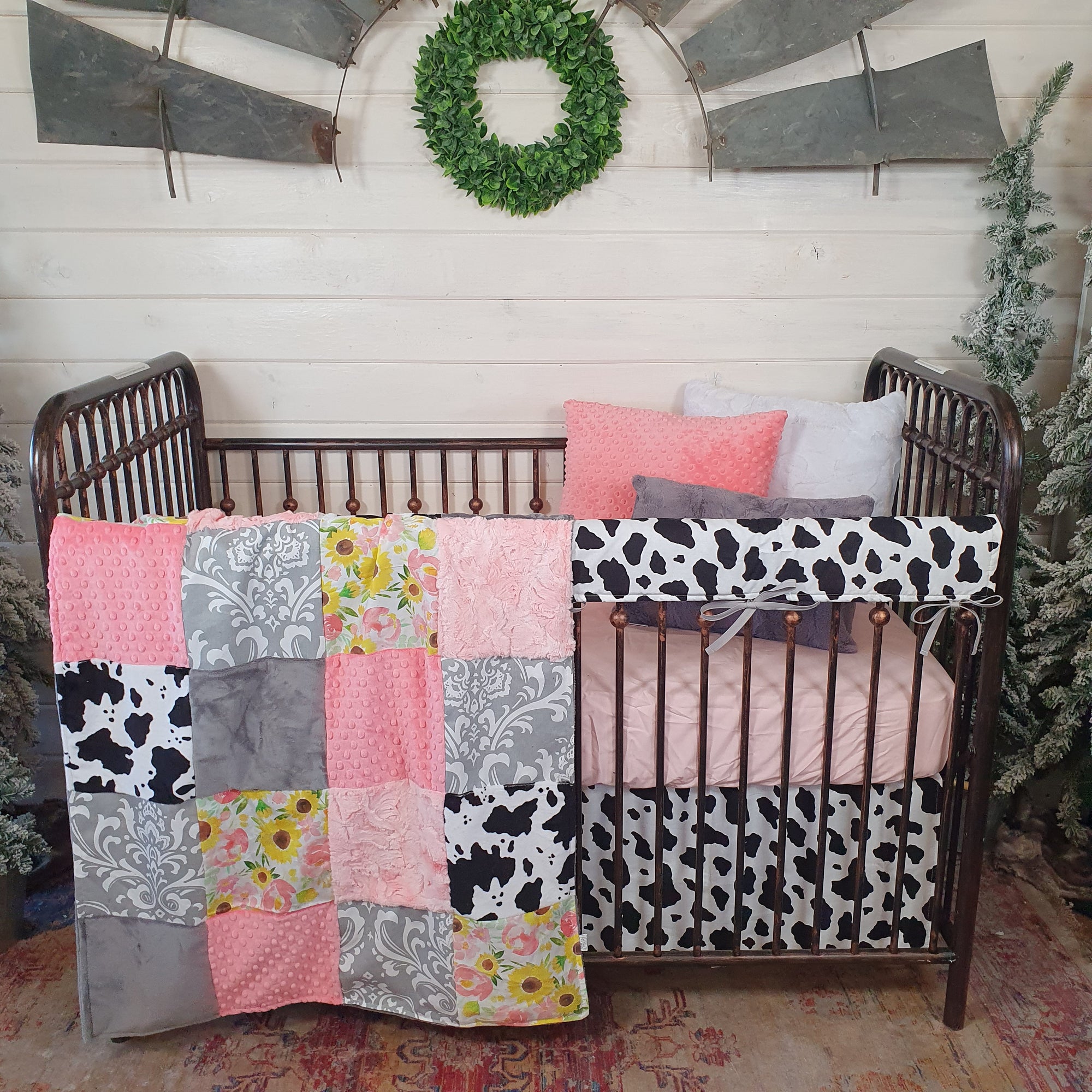 New Release Girl Crib Bedding - Sunflower Rose and Black White Cow Minky Farm Baby Bedding Collection - DBC Baby Bedding Co 