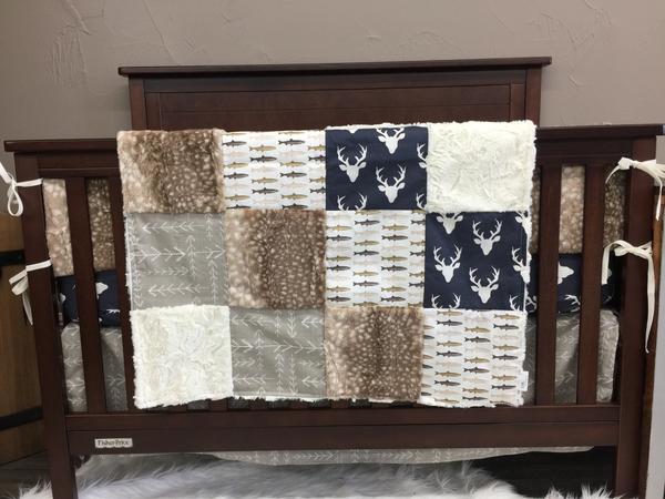 Boy Crib Bedding - Navy Buck, Trout Fishing, Fawn Minky Woodland Baby Bedding Collection - DBC Baby Bedding Co 
