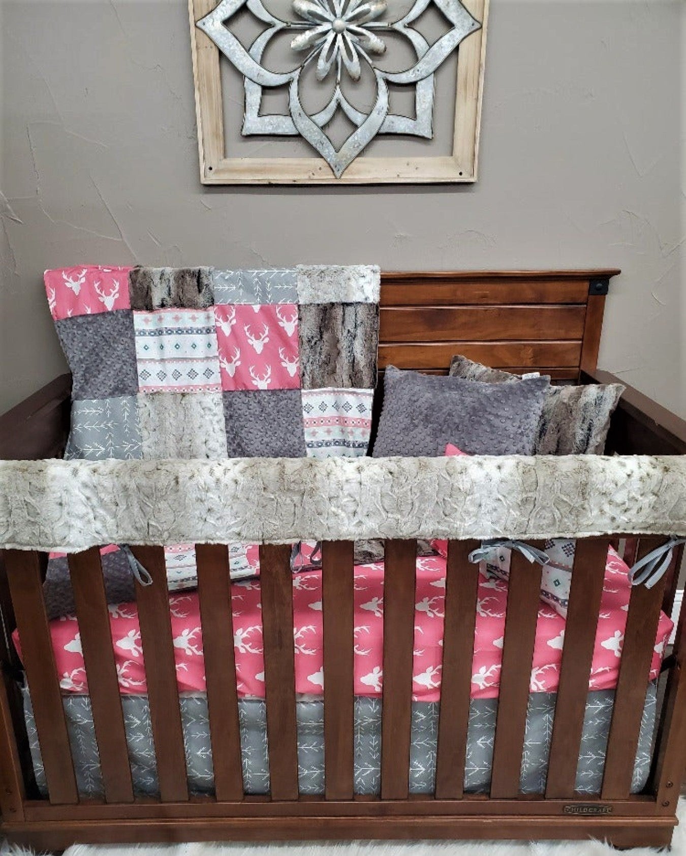 Ready Ship Girl Crib Bedding - Pink Buck and Lynx Minky Woodland Crib Bedding Collection - DBC Baby Bedding Co