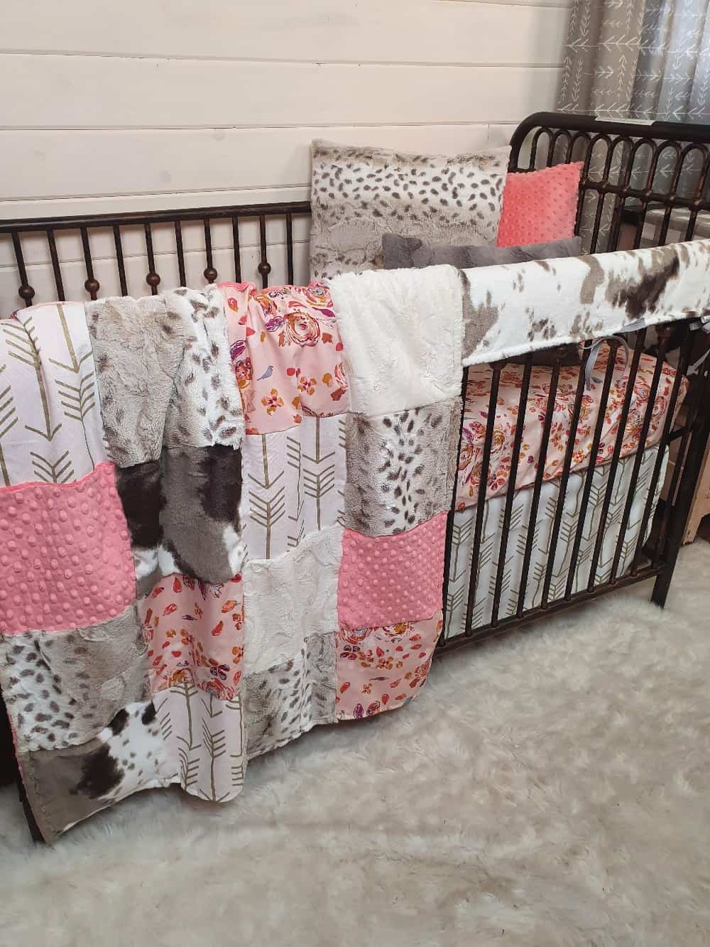 Girl Crib Bedding - Blush Summer Floral and Brown Sugar Cow Minky Ranch Collection - DBC Baby Bedding Co 