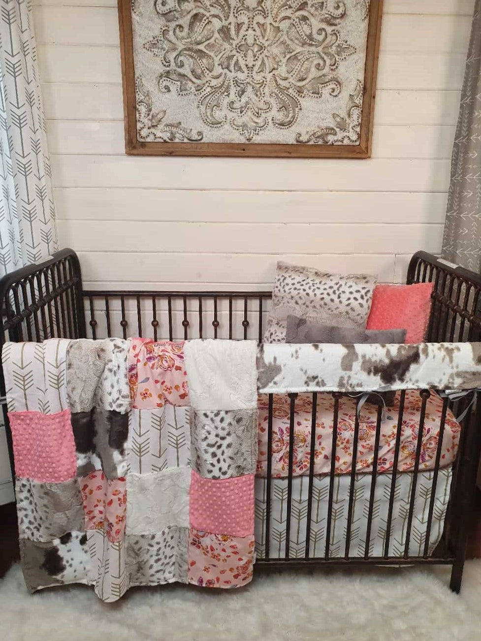Girl Crib Bedding - Blush Summer Floral and Brown Sugar Cow Minky Ranch Collection - DBC Baby Bedding Co