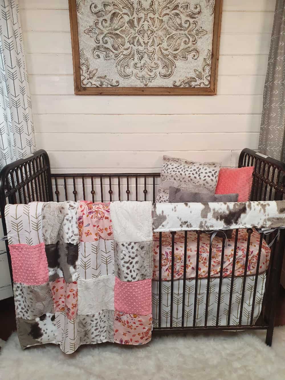 Girl Crib Bedding - Blush Summer Floral and Brown Sugar Cow Minky Ranch Collection - DBC Baby Bedding Co 