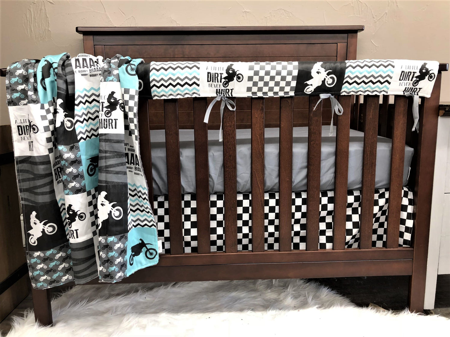 Custom Boy Crib Bedding - Dirt Bike, Race Flag Check, Motocross Collection - DBC Baby Bedding Co