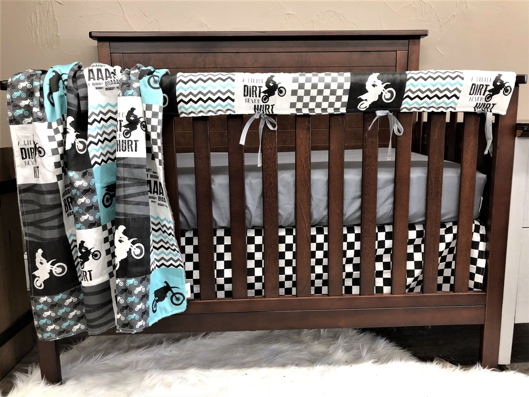 Custom Boy Crib Bedding - Dirt Bike, Race Flag Check, Motocross Collection - DBC Baby Bedding Co