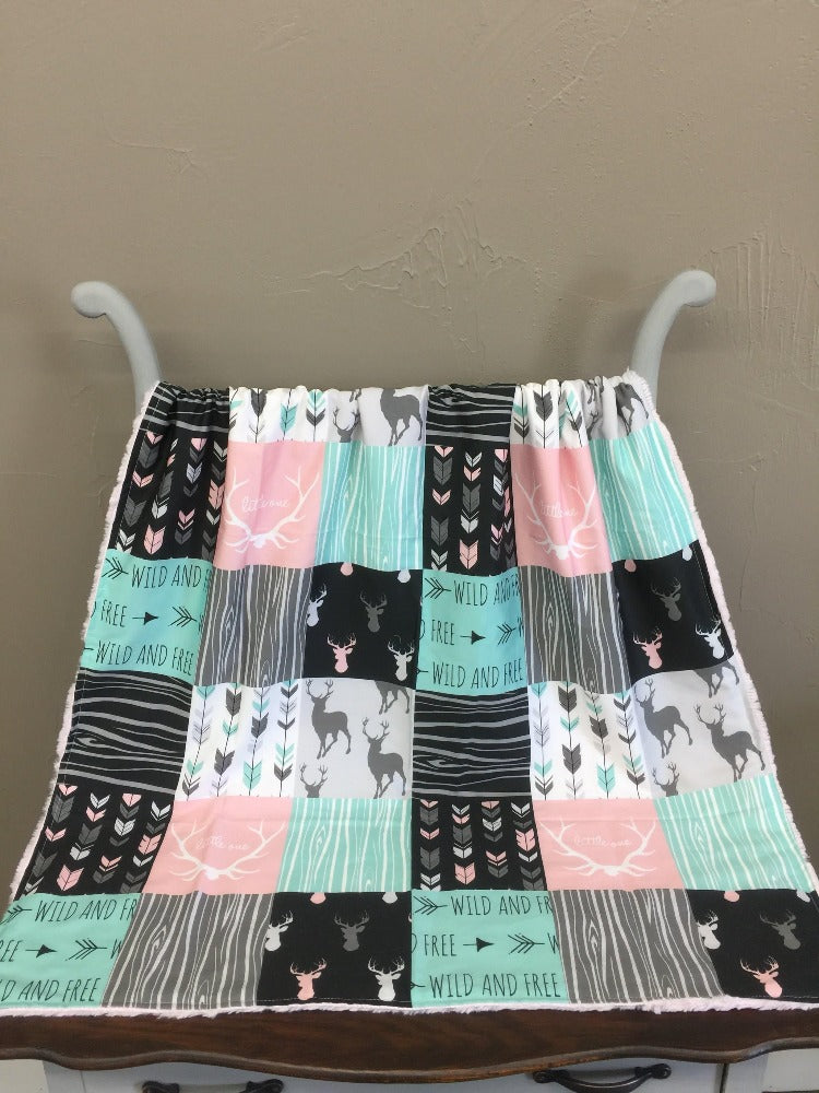 Custom Girl Crib Bedding - Little One Antlers, Wild and Free Woodland Collection - DBC Baby Bedding Co 