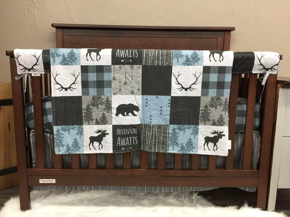 Custom Boy Crib Bedding- Adventure Awaits, Moose, Bears, Woodland Adventure Collection - DBC Baby Bedding Co 