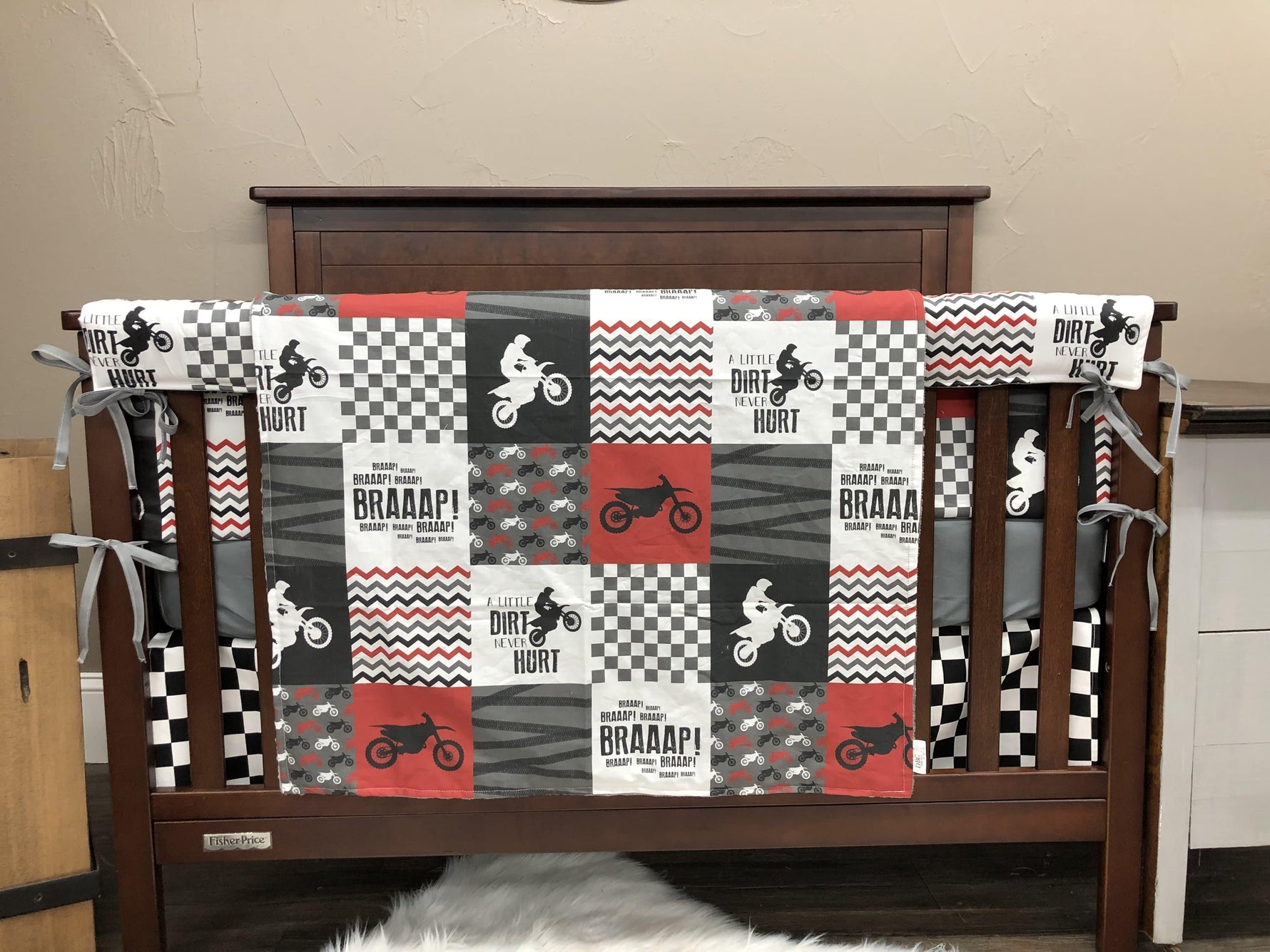 Custom Boy Crib Bedding - Dirt Bike, Race Flag Check, Motocross Collection - DBC Baby Bedding Co 