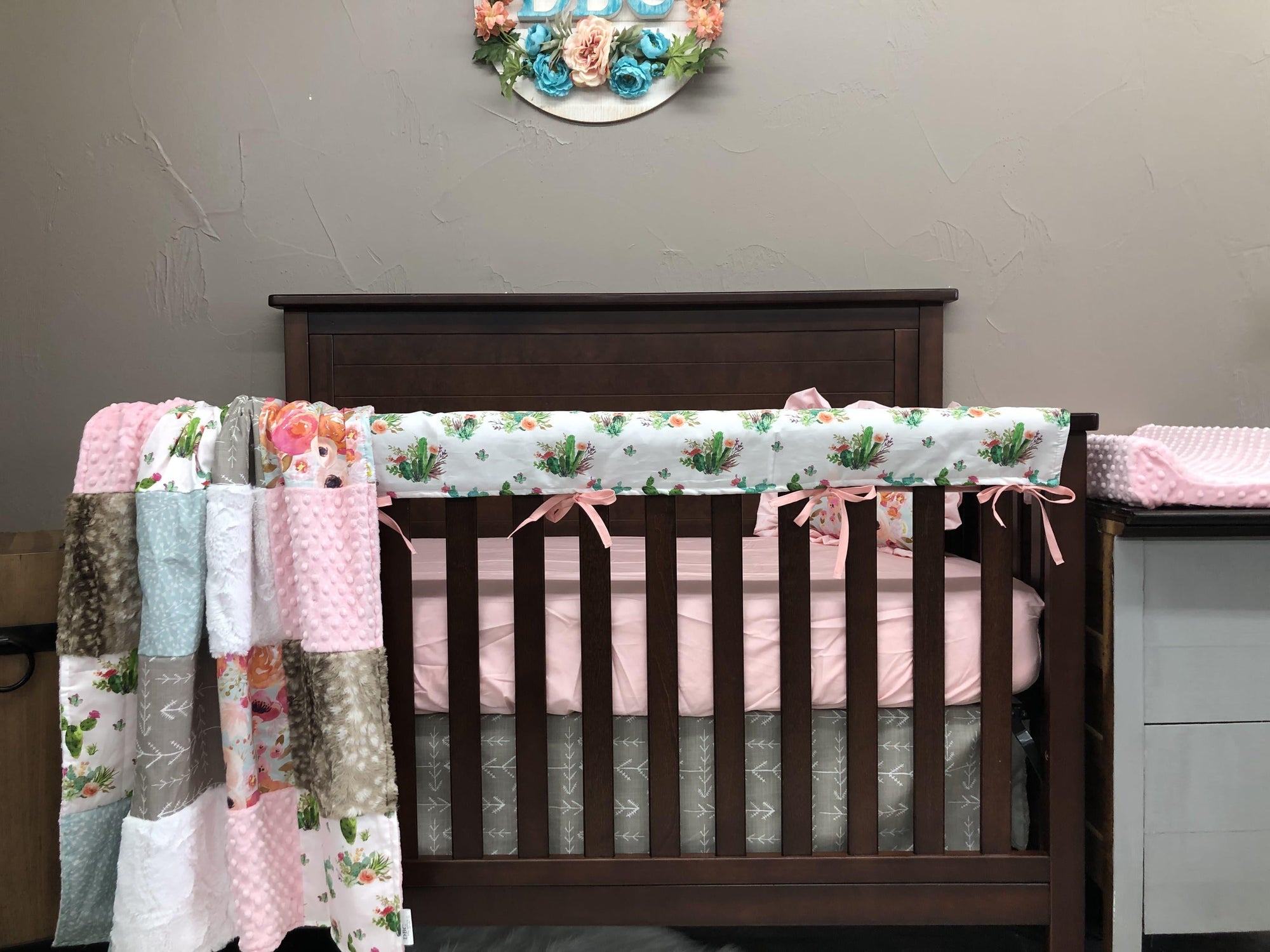 Custom Girl Crib Bedding - Watercolor Floral and Cactus Baby Bedding Collection - DBC Baby Bedding Co 