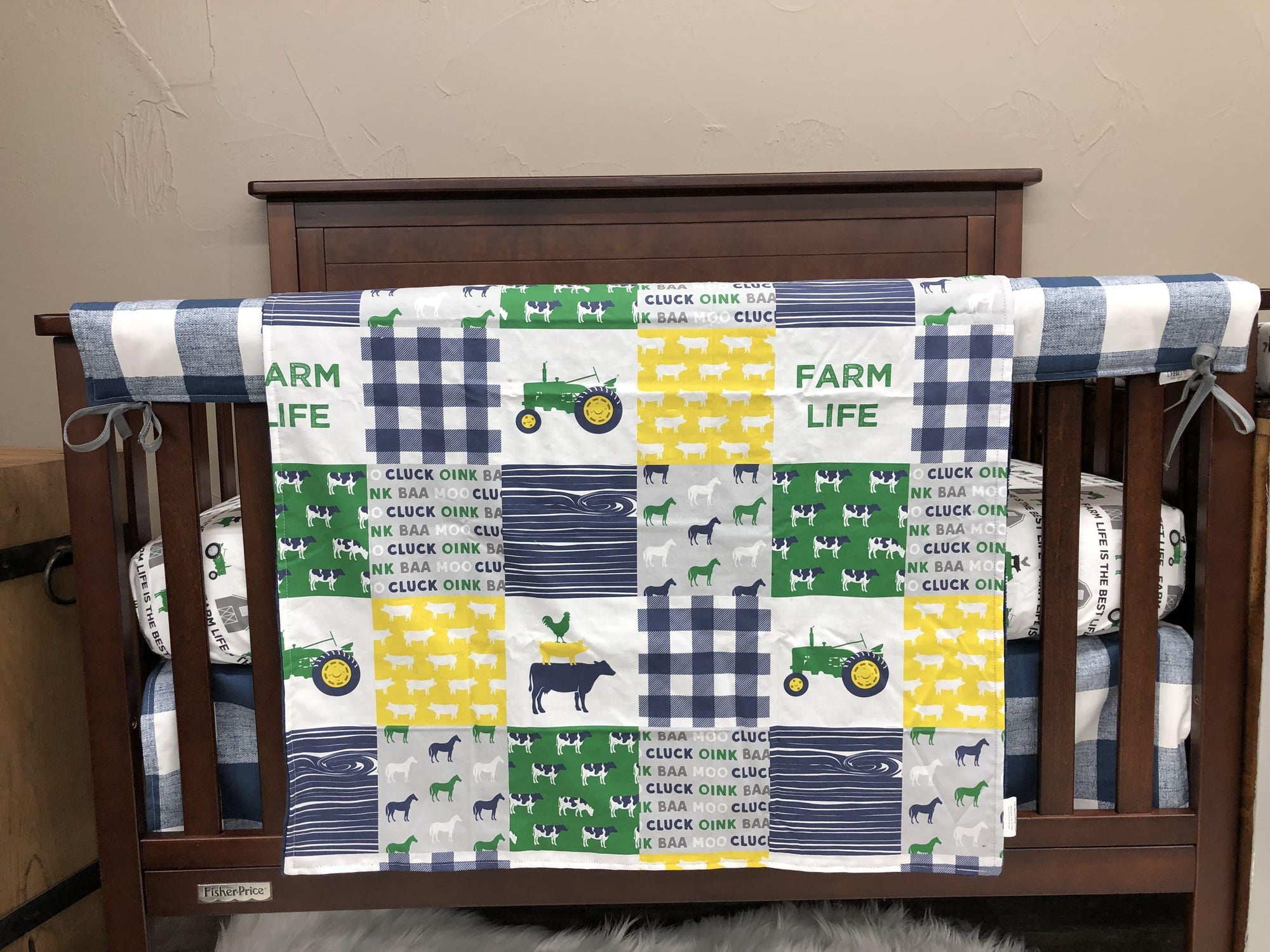 Twin, Full, or Queen Comforter - Farm Life Patchwork Print in yellow, green, and navy - DBC Baby Bedding Co 