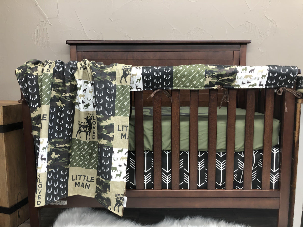 Custom Boy Crib Bedding- Deerly Loved, Camo Woodland Nursery Collection - DBC Baby Bedding Co 