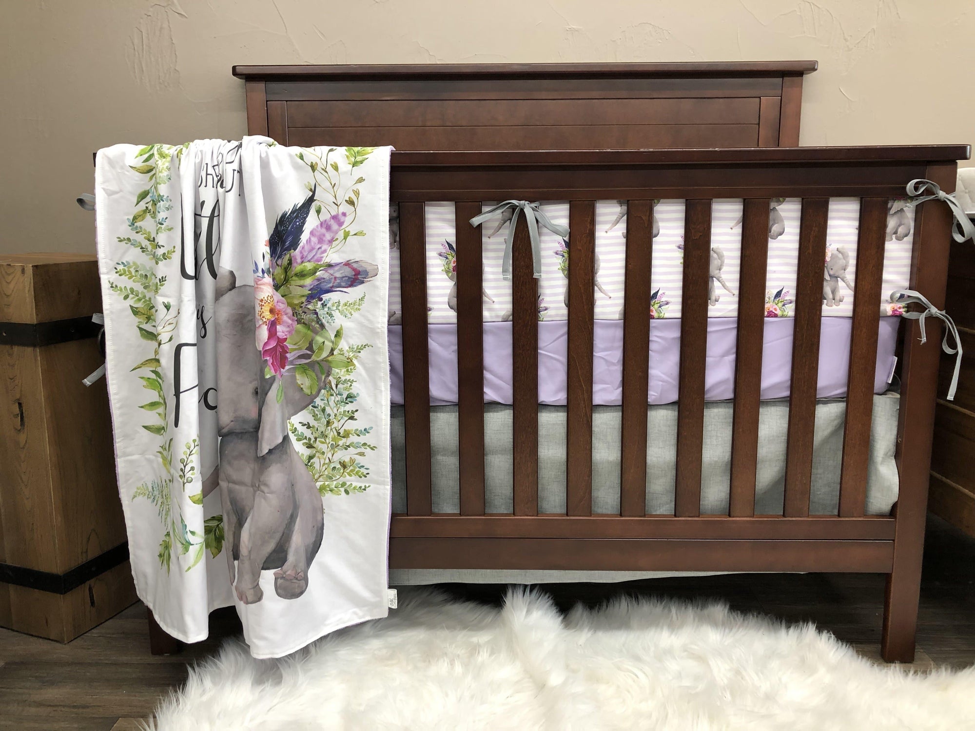 Custom Girl Crib Bedding - Lilac Boho Elephant Nursery Collection - DBC Baby Bedding Co 