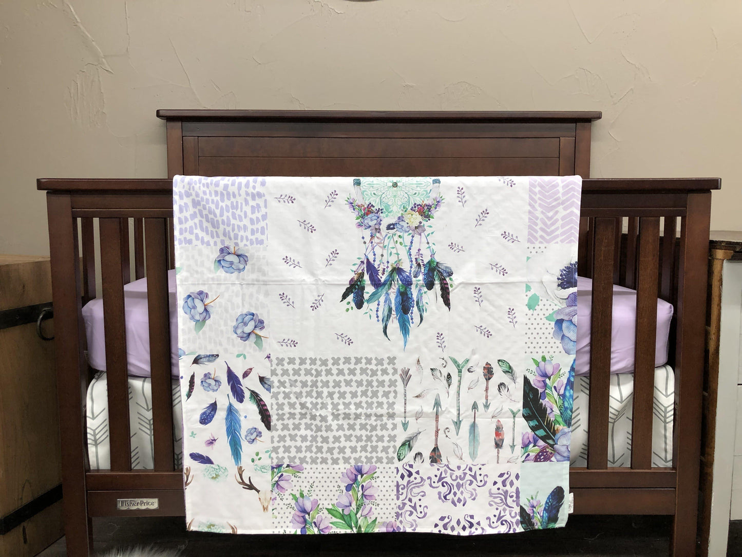 Custom Girl Crib Bedding - Lilac Boho Dreamcatcher Nursery Collection - DBC Baby Bedding Co 