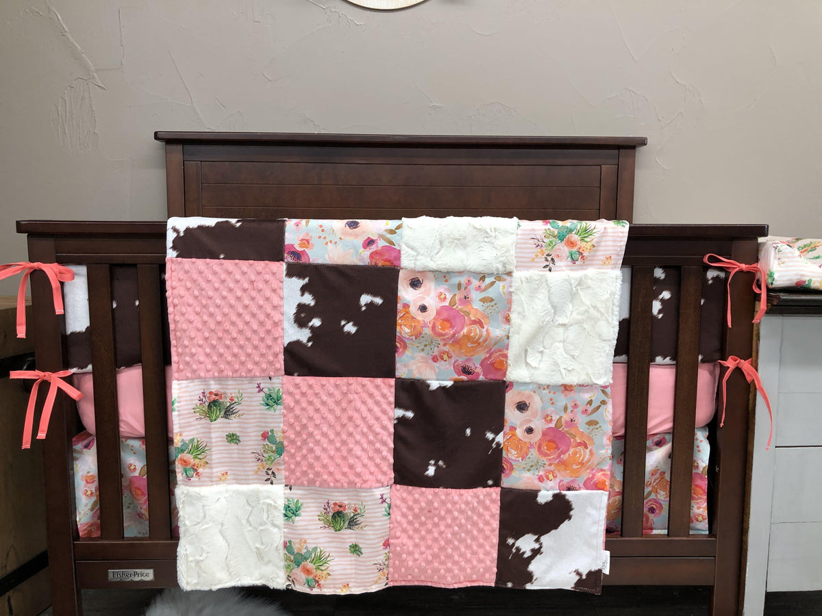 Custom Girl Crib Bedding - Cactus, Cowhide Minky, and Watercolor Flowers Western Nursery Collection - DBC Baby Bedding Co 